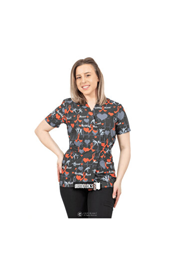 DEMOTEKS Bluza Medicala Kimono, Negru cu Imprimeu, Femei - Model Cardio