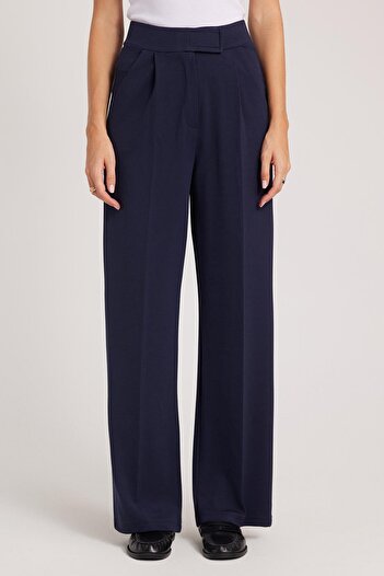 Tudors Women's Regular Fit Classic Cut Velcro Closure Wide Leg Navy Blue Trousers