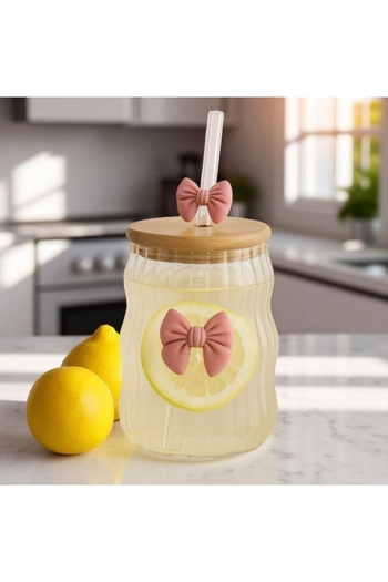 ECARLA Borosilicate glass tumbler with bamboo lid, eCarla, 450 ml, wavy design with pink bow, SZK183