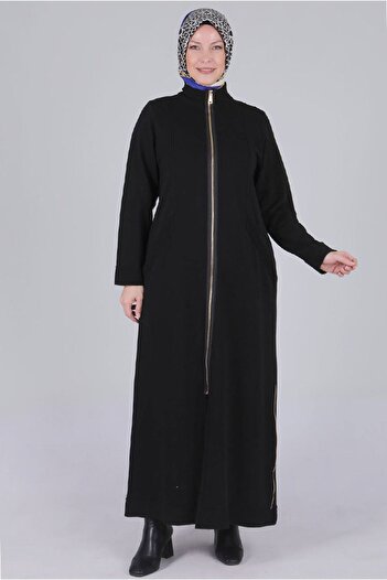 Moda Rosa 26K2814 - Black - Plus Size Hijab Zippered Three Thread Ferace
