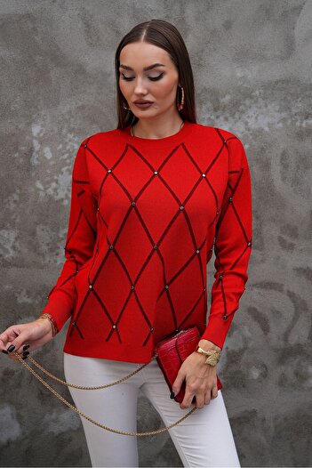 AGORATEKSTİL Women's Diamond Pattern Stone Embroidered Sweater