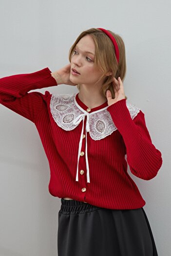Ceylan Otantik Red White Collared Knitwear Cardigan