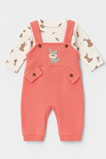 dinamik çocuk Waffle Rabbit Embroidered Baby Girl 3-Piece Romper Set – Bodysuit, Romper and Socks | 3-6-9 Months