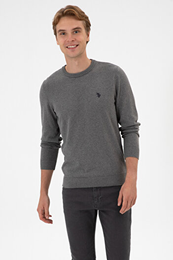 U.S. Polo Assn. Men's Slim Fit Crew Neck Gray Melange Basic Sweater 50313713-Vr086