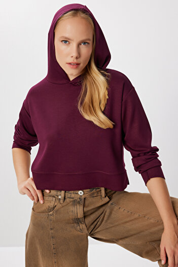 Lovelyİstanbul Hooded Soft Modal Sweatshirt Lzv0030 Mürdüm