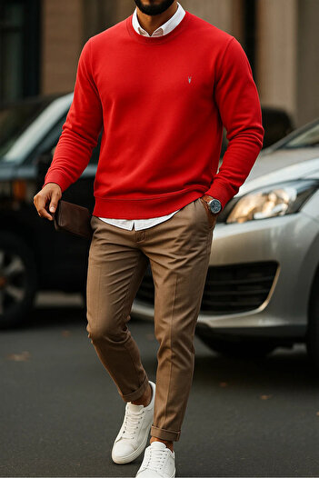 COMBİNE MİCHAİL Men's Basic Crew Neck Red Sweatshirt