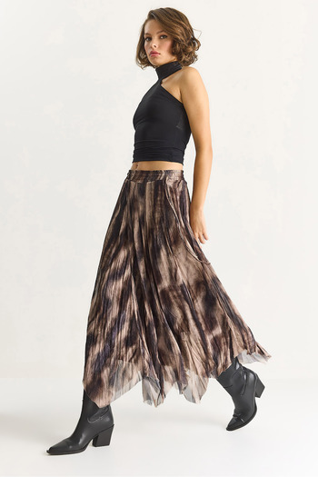 Bianco Lucci Women's Patterned Asymmetrical Cut Lined Chiffon Skirt De251102 60283564