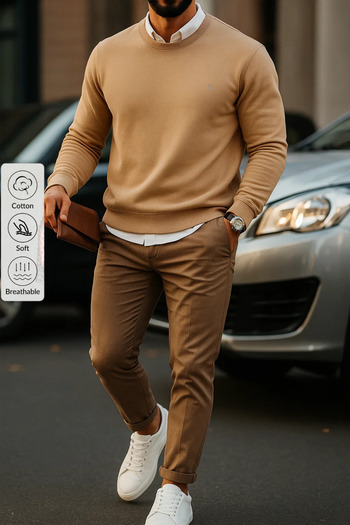 COMBİNE MİCHAİL Men's Basic Crew Neck Caramel Sweatshirt