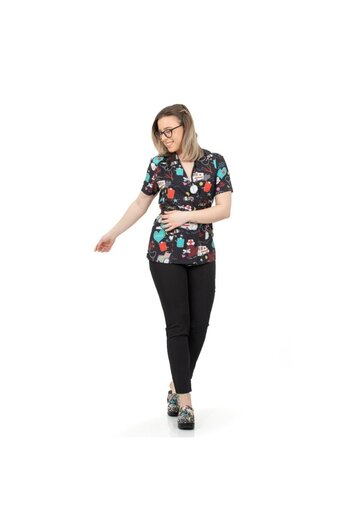 DEMOTEKS Medical Kimono Elastane Blouse, Black with Print, Women - Ambulance Medical Uniform Model