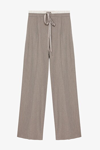 Quzu Double Waist Detailed Lace-Up Wide-Leg Trousers Gray
