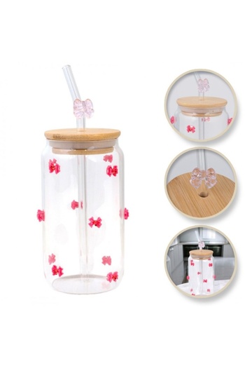 ECARLA Borosilicate glass tumbler with bamboo lid, straw and bows, 460 ml, eCarla, SZK135
