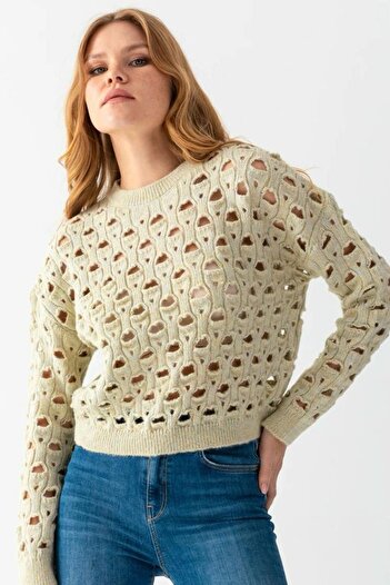 Noi Belis Soft Textured Openwork Crew Neck Knitwear Sweater Aw25Kz0044