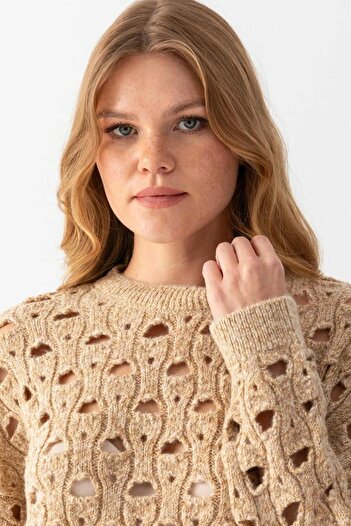Noi Belis Soft Textured Openwork Crew Neck Knitwear Sweater Aw25Kz0044