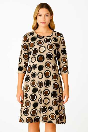 Şans Women's Plus Size Mink, Crew Neck, Three Quarter Sleeve Viscose Midi Dress 65N39157