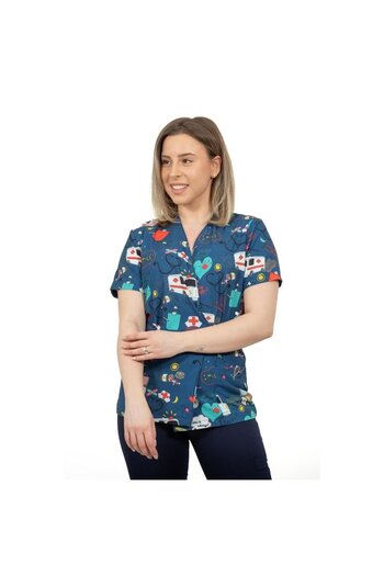 DEMOTEKS Medical Kimono Elastane Blouse, Navy Blue with Print, Women - Ambulance Medical Uniform Model