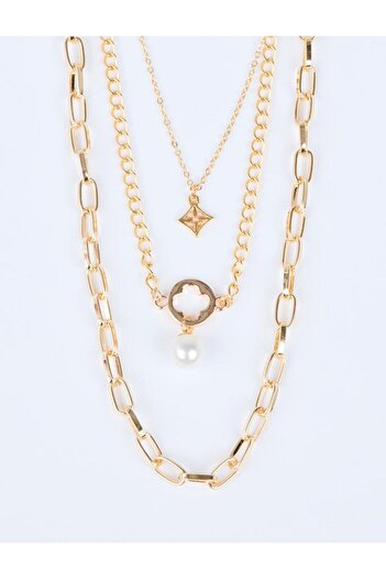 Jimmy Key Gold Color Pearl Detailed Multi Chain Adjustable Necklace