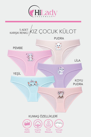 Hilady Girls' Underwear, Pack of 10, Cotton Fabric, Light Colors, Cute Cats