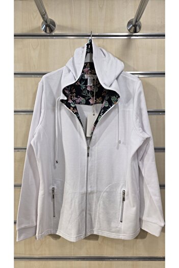 trendbysena Women's White Hooded Sweatshirt with Zipper
