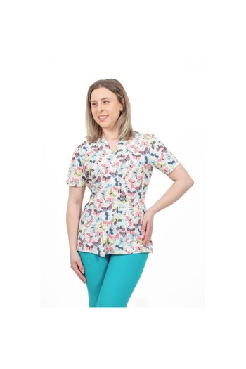 DEMOTEKS Medical Kimono Elastane Blouse, White with Print, Women - Medical Uniform Pattern Colorful Butterflies