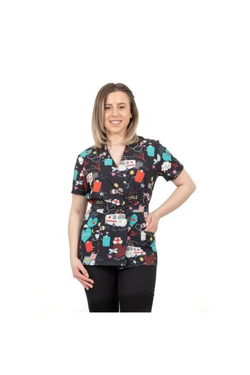DEMOTEKS Medical Kimono Elastane Blouse, Black with Print, Women - Ambulance Medical Uniform Model