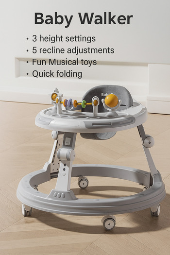Baby Walker Foldable Grey with Adjustable Height and Cute Ladybug Activity Toy Tray