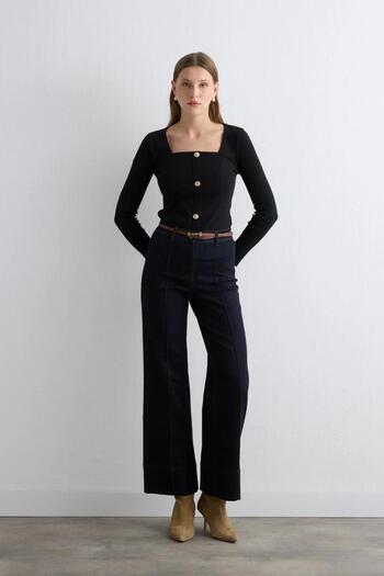Gusto Denim Wide Leg Pants - Navy Blue
