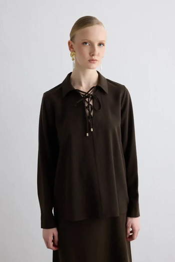 Gusto Lyocell Blouse with Lace-Up Collar - Brown