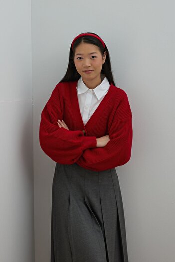 Ceylan Otantik Red Balloon Sleeve Knitwear Cardigan