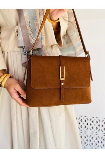 VESSARA Women's Soft Tan Suede Leather Retro Design Stylish Shoulder Bag