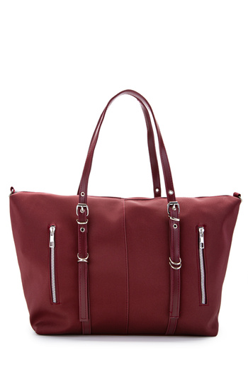 minebag Faux Leather Women's Shoulder Bag with Pocket Detail Glide Burgundy