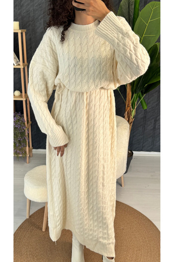 PUANT ATELIER Crew Neck Hair Braided Soft Women's Knitwear Midi Dress