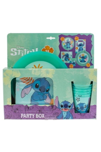 SHOPIENS Set 36 Bucati Petrecere Copii Stitch Farfurii Pahare Servetele Pungi Baloane