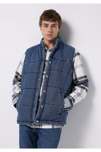 Colin's Regular Fit Stand Collar Snap Fastener Lined Men's Blue Vest