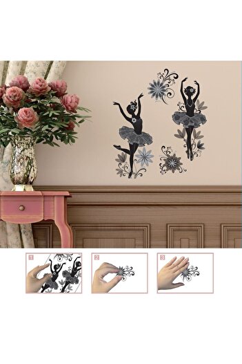 SHOPIENS Set 4 decorative wall stickers Shopiens®, ballerinas and black/gray flowers with silver glitter det
