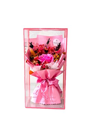 velve Love Bouquet, soap rose, lagurus, natural cryogenic gypsophila, handmade green plants, Pink