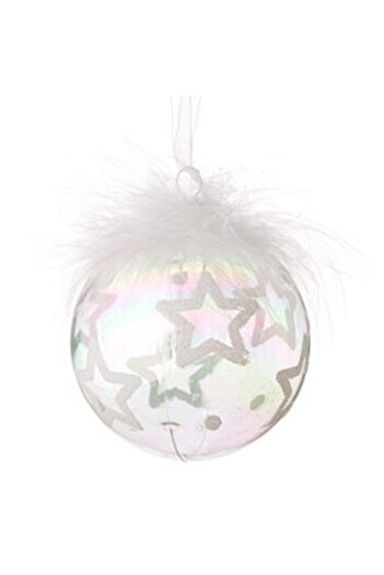 Jumbo Christmas Tree Ornament - Transparent Globe with White Stars and Feathers Ø8 cm