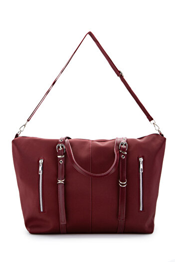 minebag Faux Leather Women's Shoulder Bag with Pocket Detail Glide Burgundy