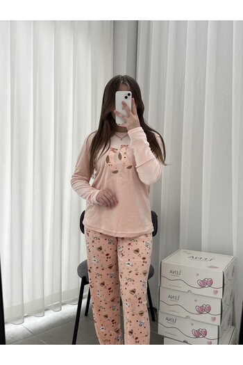 Lena Homewears Women's New Year Patterned Velvet Pajama Set