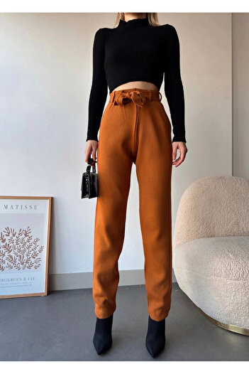 soonaksesuar Camel self-belted knitwear trousers