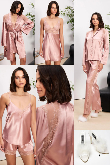 Mavelle Brandy Satin Pajama Set & Shorts Set & Nightgown & Robe Slippers 6-Piece Bridal Dowry Set with Gift