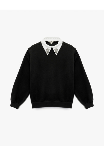 Koton Three Thread Long Sleeve Stone Detailed Shirt Collar Sweatshirt