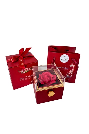 velve Cutie eleganta rotativa Best Wishes, cu trandafir de sapun si inel inoxidabil, Rosu