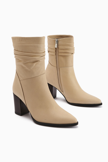 Limoya Tamina Genuine Leather Beige Pointed Toe Heeled Women's Boots