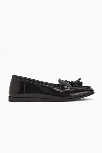 Limoya Doris Genuine Leather Black Metallic Tasseled Women's Loafer Shoes