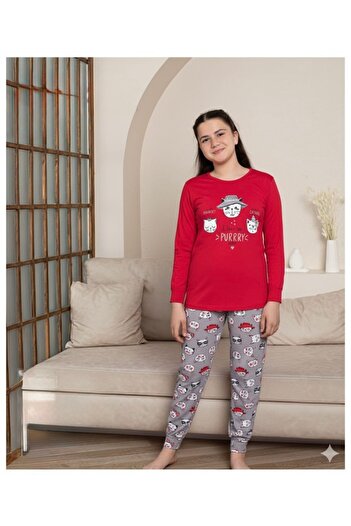 Şekerkids Mother-Daughter Cotton Combed Fabric Red Color Kitten Pattern Pajama Set