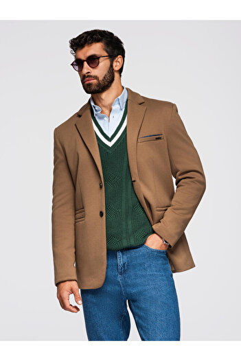 OMBRE Men's knitted jacket with a fitted cut - light brown V4 OM-BLZB-0100 XL
