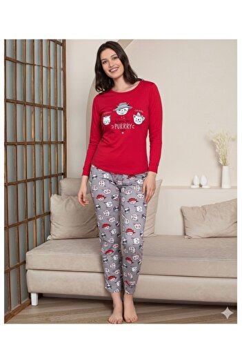 Şekerkids Anne-Kız Çocuk Pamuklu Penye Kumaş Kırmızı Renk Kedicik Desenli Pijama Takımı
