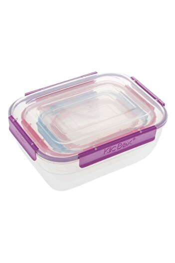 SHOPIENS Set 4 rectangular transparent plastic food containers Shopiens® with clip-colored lids, 4 sizes