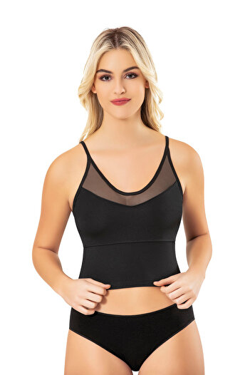 Selkar Global Women's Padded Diving Fabric-Transparent Neckline Thin Strap Black Crop 6-Piece - Black - Selkrkou-6M80E2-Si