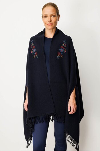 Desen Triko Women's Embroidered Collar, Sleeves Interchangeable, Large Wool Poncho, Dark Blue